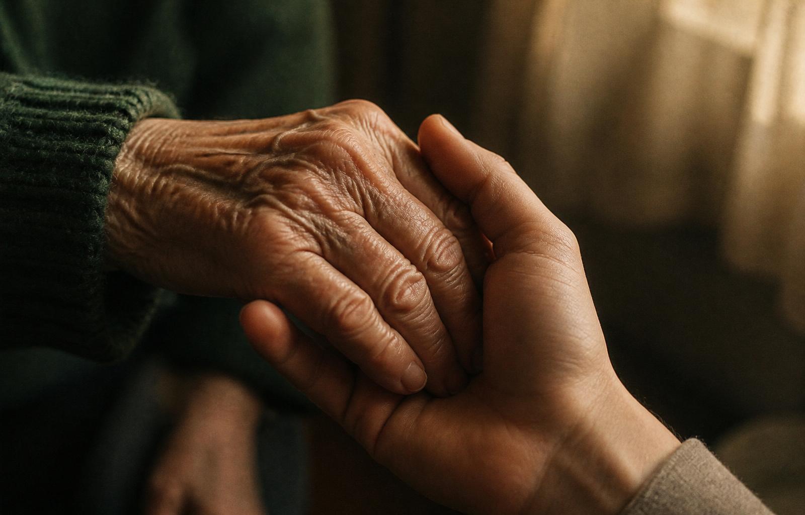 An older hand held gently by a supportive younger hand.